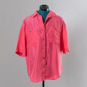 Gorgeous Vintage Lightweight 100% Silk Pink Button Up Short Sleeve Shirt Medium
